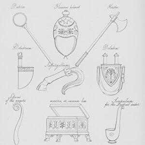 Pontifical insignia and sacrificial instruments, from the freeze of the temple of Jupiter Tonans at Rome (engraving)