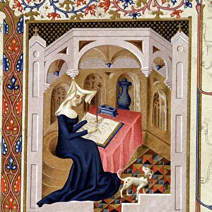 Portrait of Christine de Pisan (or Pizan) writing - Miniature, 15th century