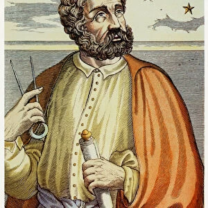 Portrait of Ferdinand Magellan (1480 - 1521) with navigational instruments. (colour litho