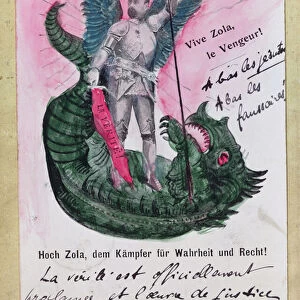 Postcard depicting Noble Zola, Warrior for Truth and Justice with annotations (colour litho with pen & ink and w / c)