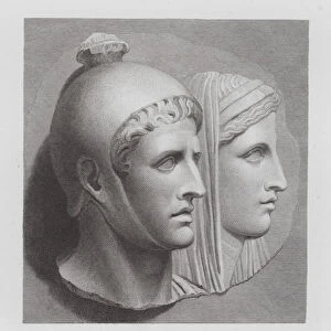 Priest and veiled woman, ancient Roman marble relief (engraving)