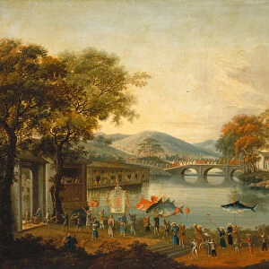 Procession by a lake (oil on fabric)