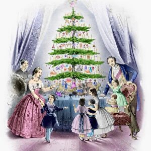 Queen Victoria and the royal family standing around a Christmas tree (coloured engraving)
