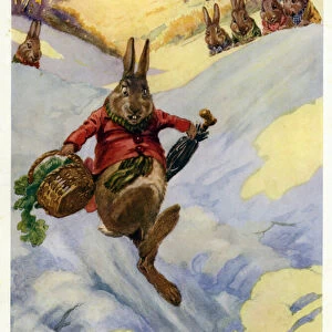 Rabbit slipping on a snowy slope (colour litho)
