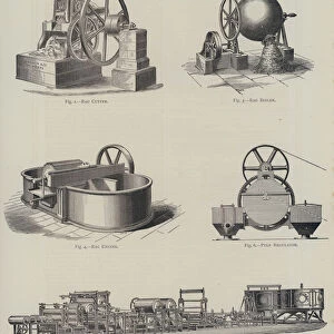 Rag Cutter, Rag Boiler, Rag Engine, Pulp Regulator, Paper Making Machine (engraving)