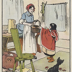 Red Riding-Hood makes ready to start (colour litho)