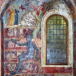 Representation of hell, the devil sits among the different circles of damns (Fresco