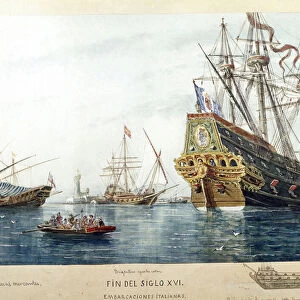 Representation of Italian ships, galeres, brigantine of the16th century (Watercolour