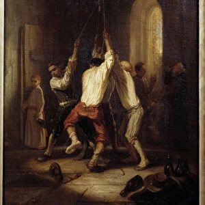 The ringtones. Men pull the rope to ring the bells. Painting by Alexandre Gabriel Decamps