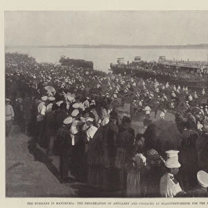 The Russians in Manchuria, the Embarkation of Artillery and Cossacks at Blagovestchensk for the Defence of the Railway (b / w photo)