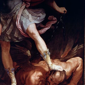 Saint Michael crushes the head of the demon. Detail of the sandal shoes (Silk Painting