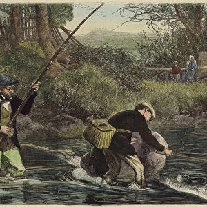 Salmon fishing (coloured engraving)