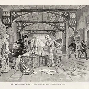 The scene of the basket (Act II, Part Two, Scene I) of Giuseppe Verdis opera Falstaff, from "L Illustrazione Italiana", XX, N. 8, 19 February 1893 (litho)