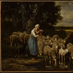 Shepherdess and Sheep, Fontainebleau (oil on canvas)