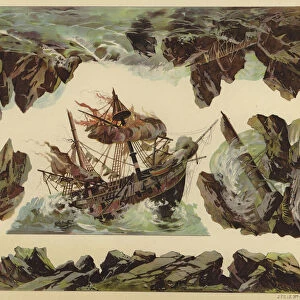 Shipwreck scene (colour litho)