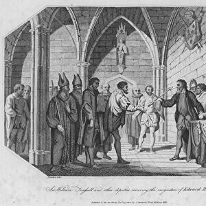 Sir William Trussell and other deputies receiving the resignation of Edward II (engraving)