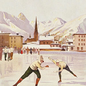 Skaters racing on the ice rink at Davos, Switzerland (colour litho)