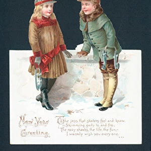 Skating Couple in conversation, New Year Card (chromolitho)