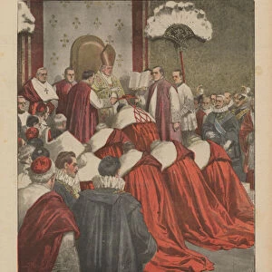 The solemn public consistory, the ceremony for the imposition of hats on the new cardinals (colour litho)