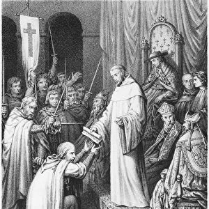 St. Bernard, abbot of Clairvaux, giving the Templars their rules (litho) (b / w photo)