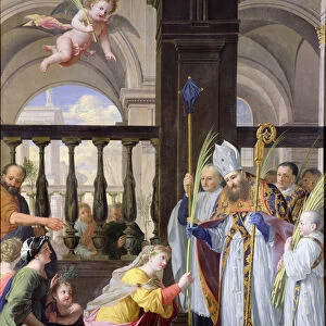 St. Genevieve Receiving a Palm from St. Medard on Palm Sunday (oil on canvas)