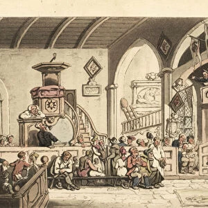 Sunday service in an country church, Regency Era, 1817 (engraving)