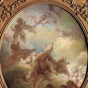 The swarm of Love Group in the clouds. Painting by Jean Honore Fragonard (1732-1806