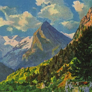 Swiss Spas: Acquarossa, View up the Blenio Valley (colour litho)