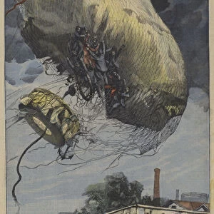 Tethered balloon at the Porte Maillot in Paris falling to earth from a height of 4000 metres (colour litho)