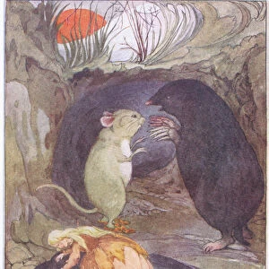 Thumbelina tends the poor bird (colour litho)