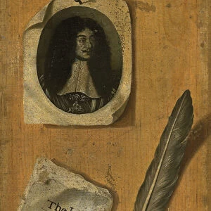 A trompe-l oeil letter rack, with an engraving of King Charles II, a newspaper