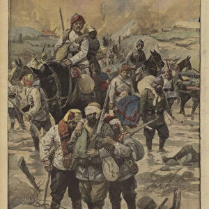 Turkish soldiers retreating after the capture of Erzurum by the Russians, World War I, 1916 (colour litho)
