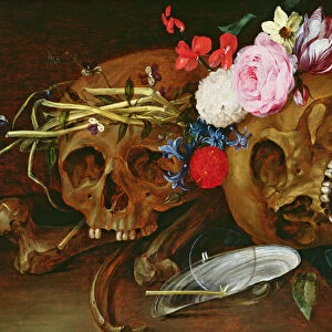 Vanitas Still Life with Skulls, Flowers, a pearl mussel shell, a bubble and straw
