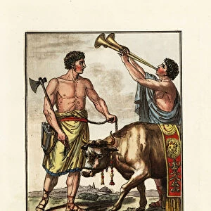 Victimarius, an assistant at a ritual sacrifice, ancient Rome. 1796 (engraving)