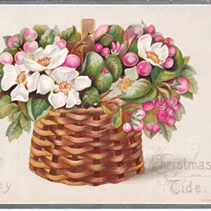 A Victorian Christmas card of flowers and leaves in a wicker basket, c