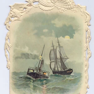 A Victorian die cut blind embossed Christmas card of a ship