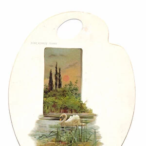 A Victorian die-cut shape card of an artist palette with a painting of trees