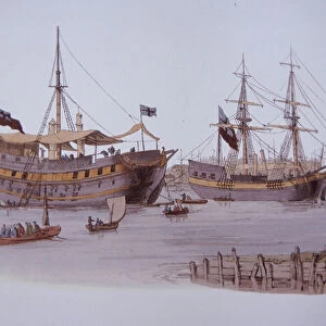 Victorian prison hulk ship on Thames, 1846 (colour litho)