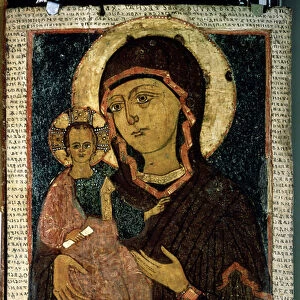 "Vierge Hodegetria (Hodigitria)"La Vierge Marie et l enfant Jesus dont l aureole est marque d une croix. icone russe. Peinture sur bois de la fin du 13eme siecle. State Tretyakov Gallery, Moscou