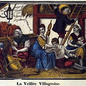 A village nightlife: a family of peasants in a barn. Engraving of the 19th century. Paris, B. N