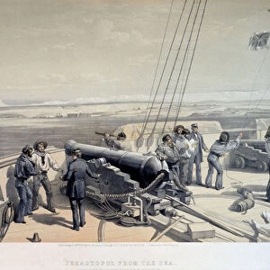 Vue de Sebastopol depuis la mer (View of Sevastopol from the sea). La flotte franco britannique lors de la bataille de Sebastopol durant la guerre de Crimee. Dessin de William Simpson (1832-1898)