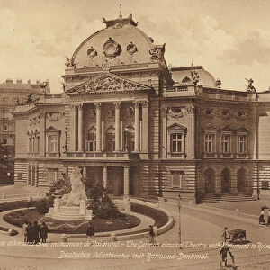 Wien / Vienna: Deutsches Volkstheater mit Raimund-Denkmal (b / w photo)