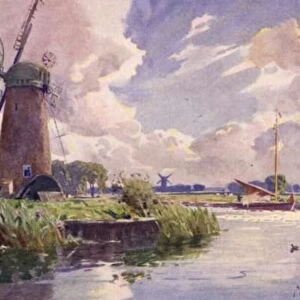 Windmills on the Thurne, Norfolk (colour litho)