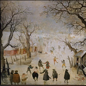 Winter Landscape in the Netherlands Skaters on a gele lake (painting, 16th-17th century)