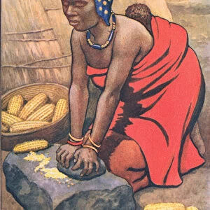 Woman grinding mealies, from MacMillan school posters, c. 1950-60s (colour litho)