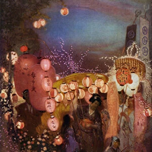 Women and children with lanterns at a Japanese festival (colour litho)