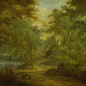 A Wooded Landscape with a Stream and a Fisherman (oil on copper)
