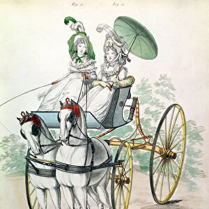 Two young ladies in calico gowns, taking an airing in a phaeton, from Gallery of Fashion