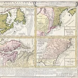 1737, Homann Heirs Map of New England, Georgia and Carolina, and Virginia and Maryland