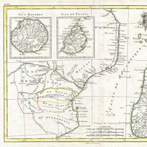1770, Bonne Map of East Africa, Madagascar, Isle Bourbon and Mauritius, Mozambique